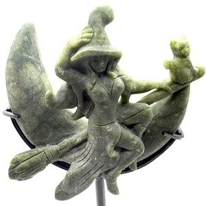 Serpentine Crystal Witch Crescent Moon Carving- includes black metal stand- 7”